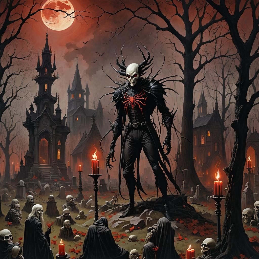 Monster Stalks Spider Under Blood Red Moon