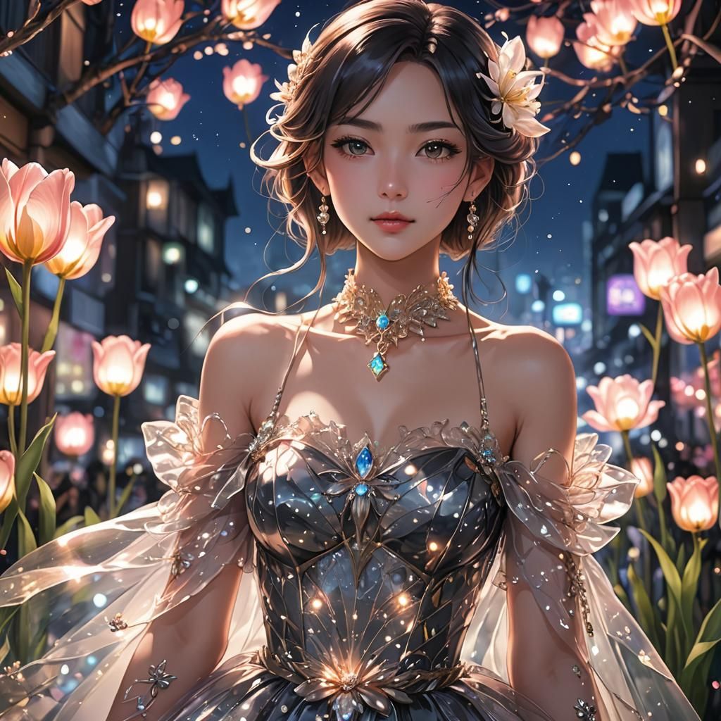 Anime Style Portrait: Woman in Tulip Dress