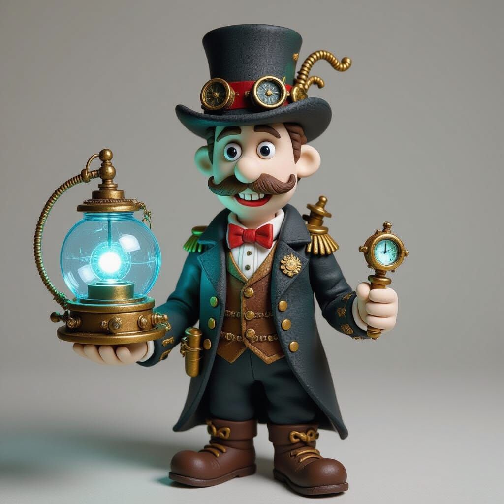 Steampunk Clay Figure with Glowing Time Machine