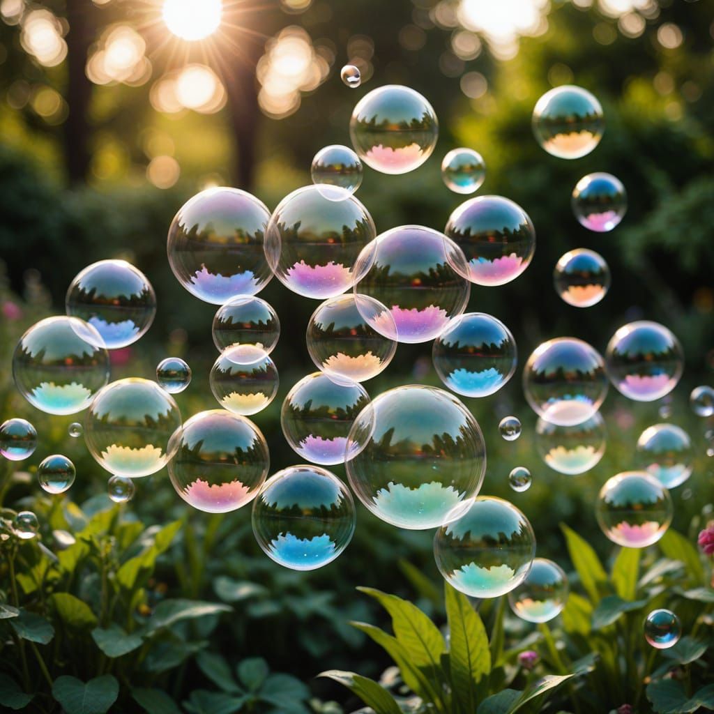 Whimsical Soap Bubbles Dance in a Sunlit Garden