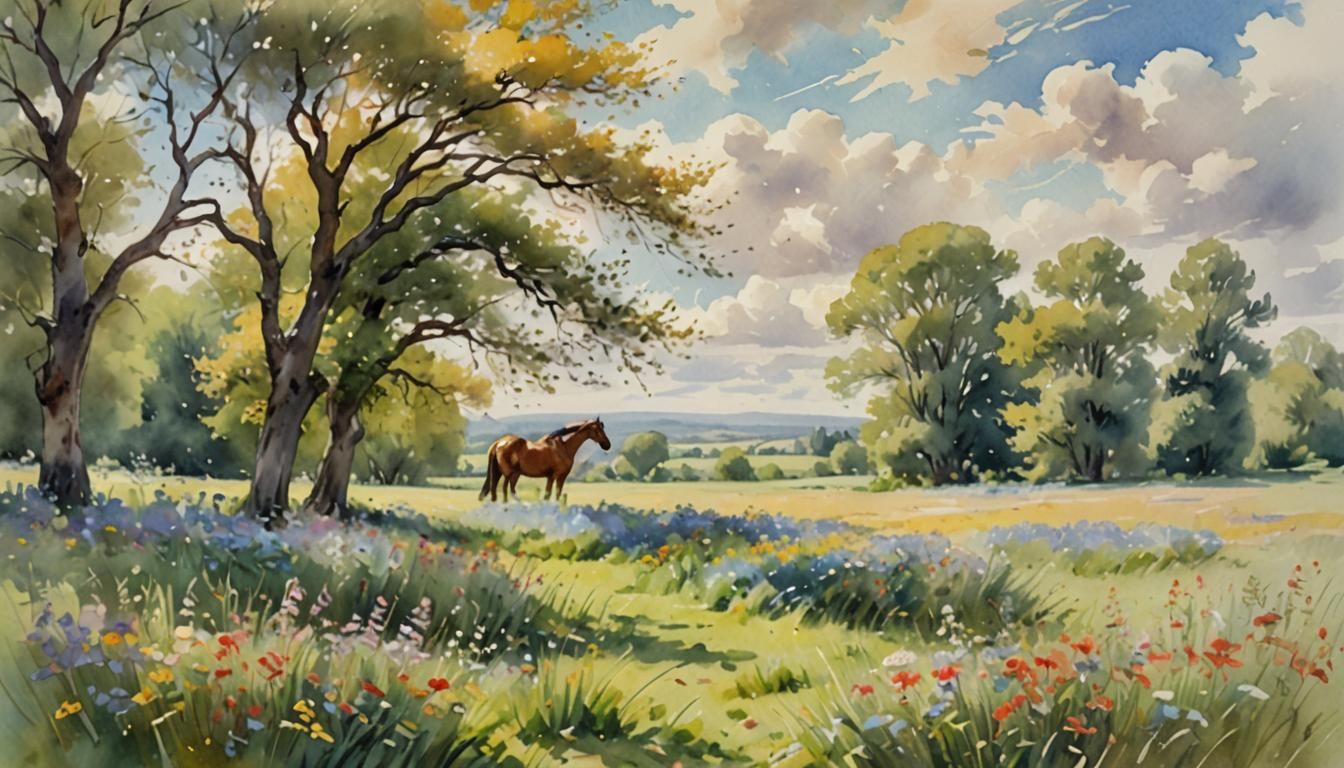Idyllic Horse in Meadow Watercolor Painting