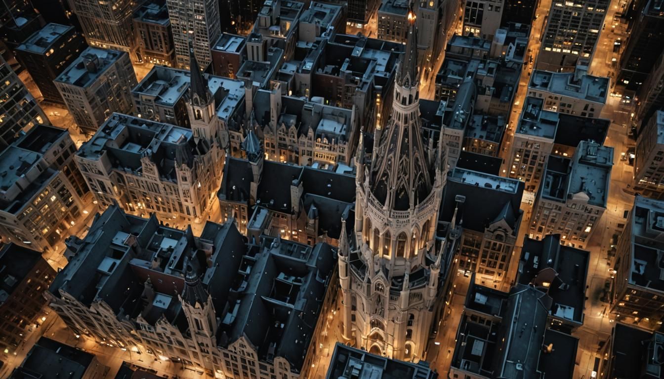 Baroque Gothic Cityscape at Night: Photorealistic Drone Shot