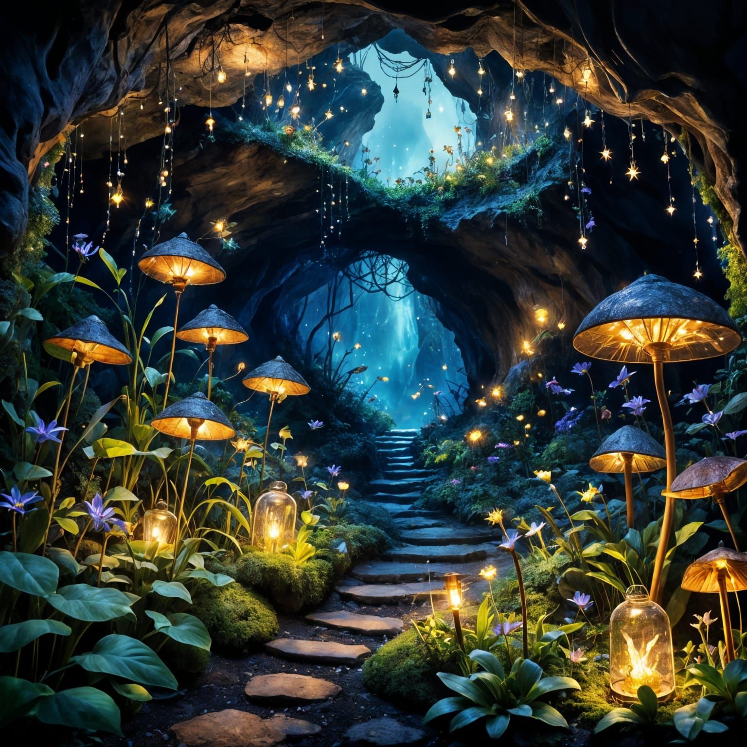 Enchanted Magical Garden in a Cave with Fireflies