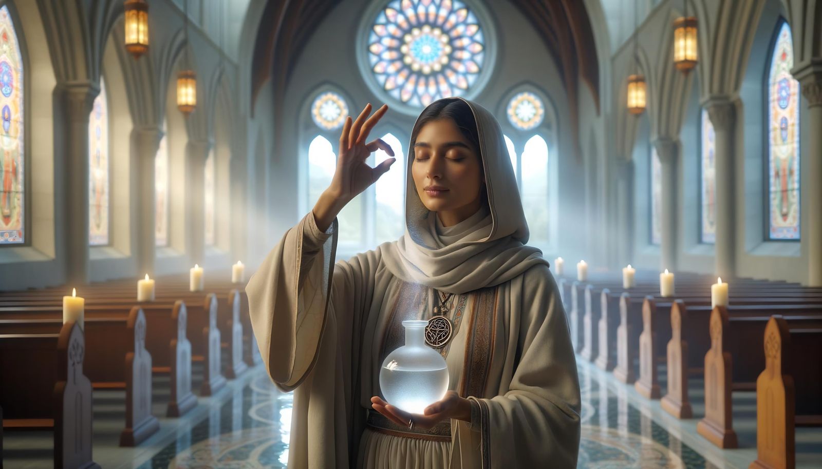 Bless Water Spell: South Asian Cleric in Chapel