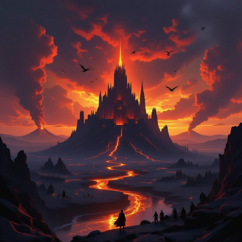 Mordor Landscape with Volcanoes and Fortress