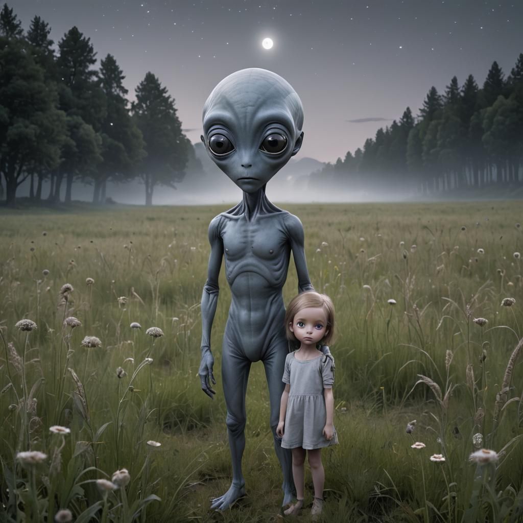 Child Meets Alien in Meadow at Night