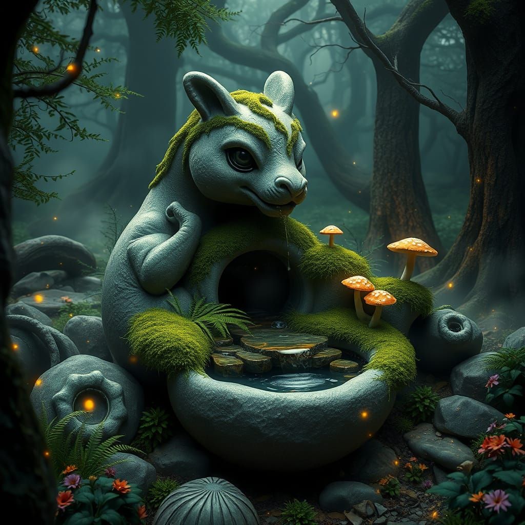 Animal Fountain in Enchanted Forest, Hyperrealistic 8K