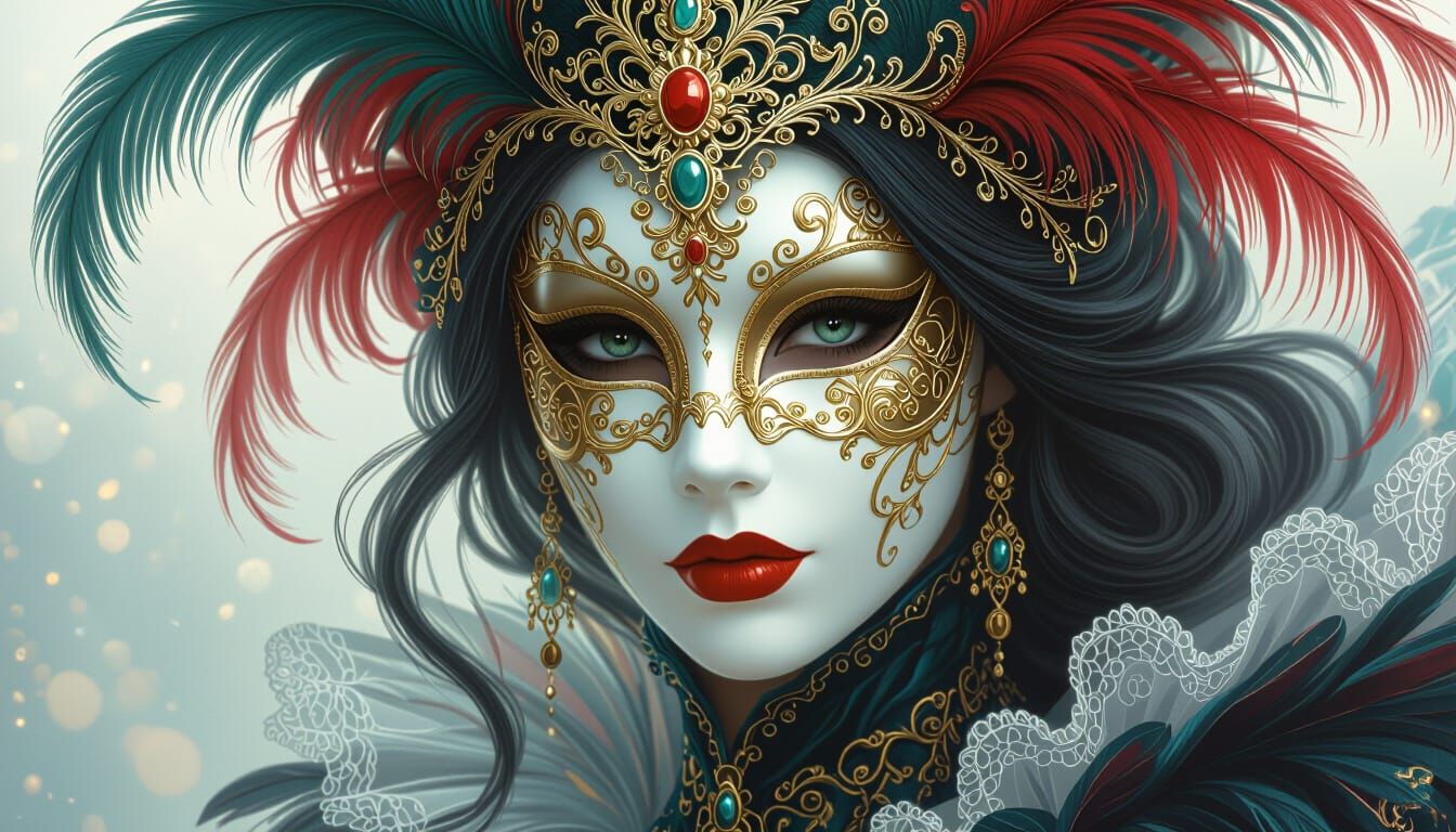 Mysterious Woman in Ornate Venice Mask, Renaissance-Cyberpun...