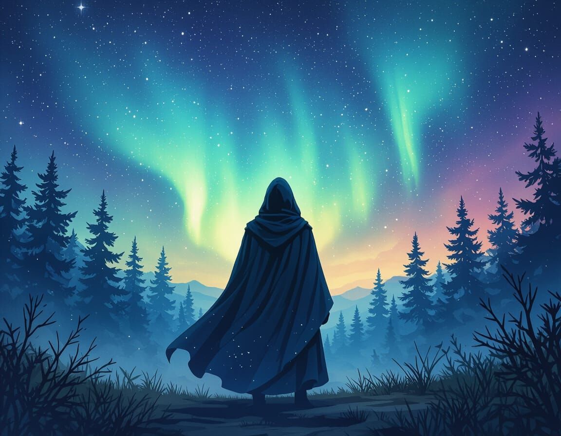 Druid Gazing at Aurora in Ukiyo-e Style