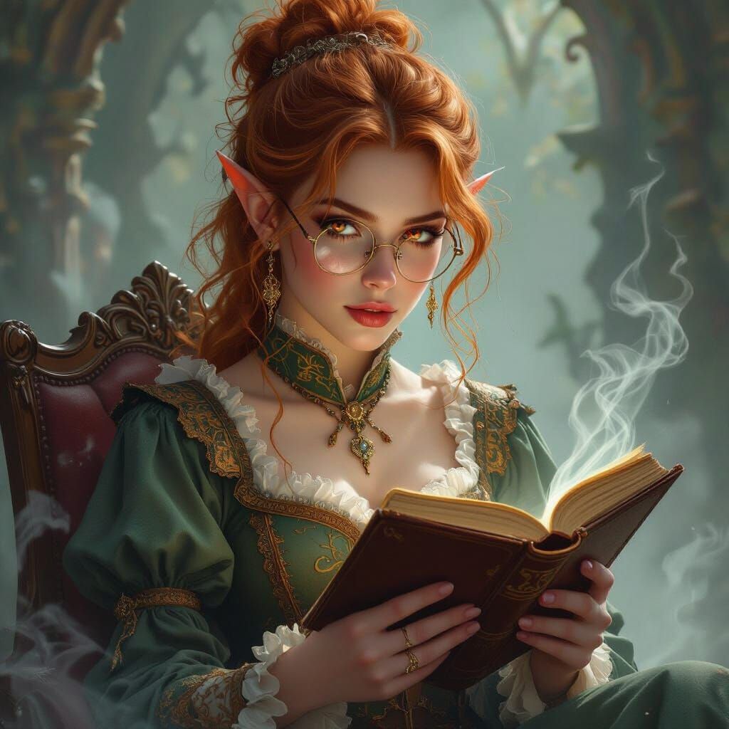 Elven Woman Reading in Dreamy Fantasy Illustration Style