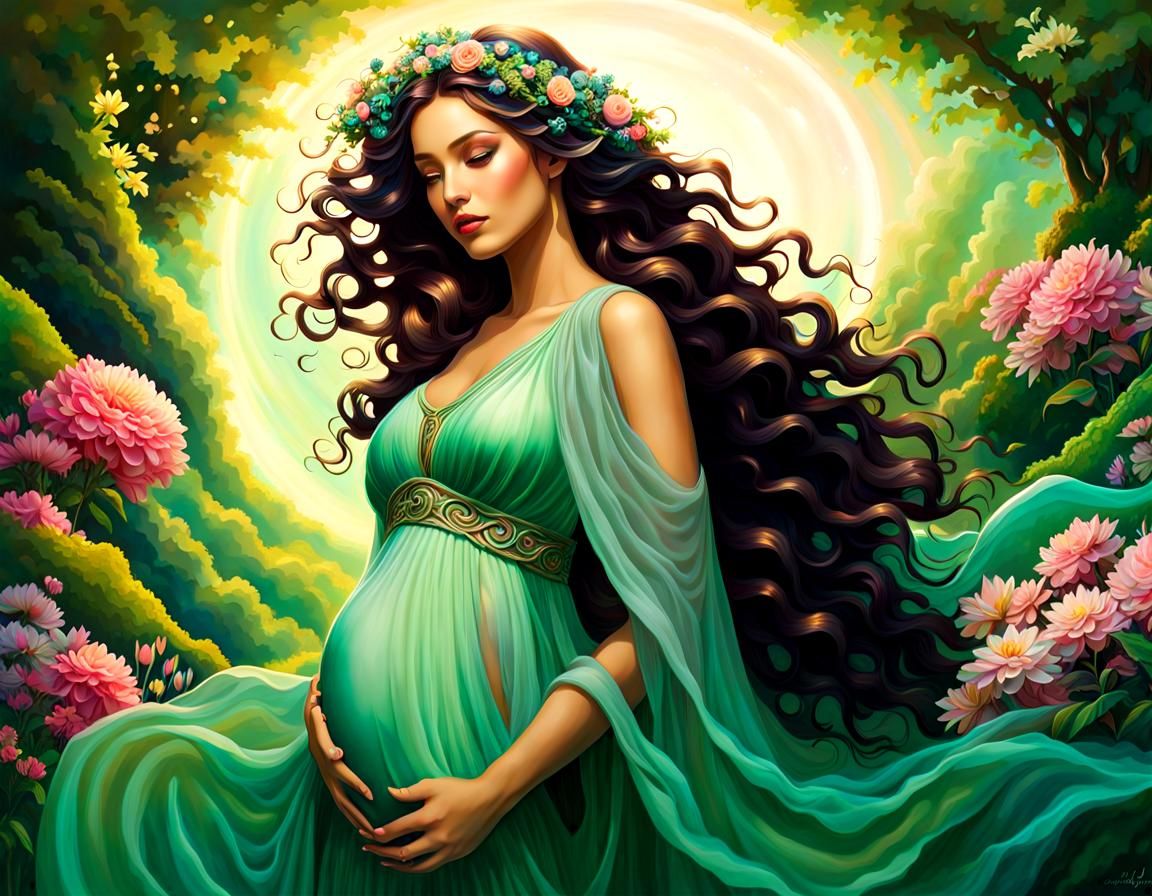 Radiant Pregnant Earth Goddess in Dreamy Landscape