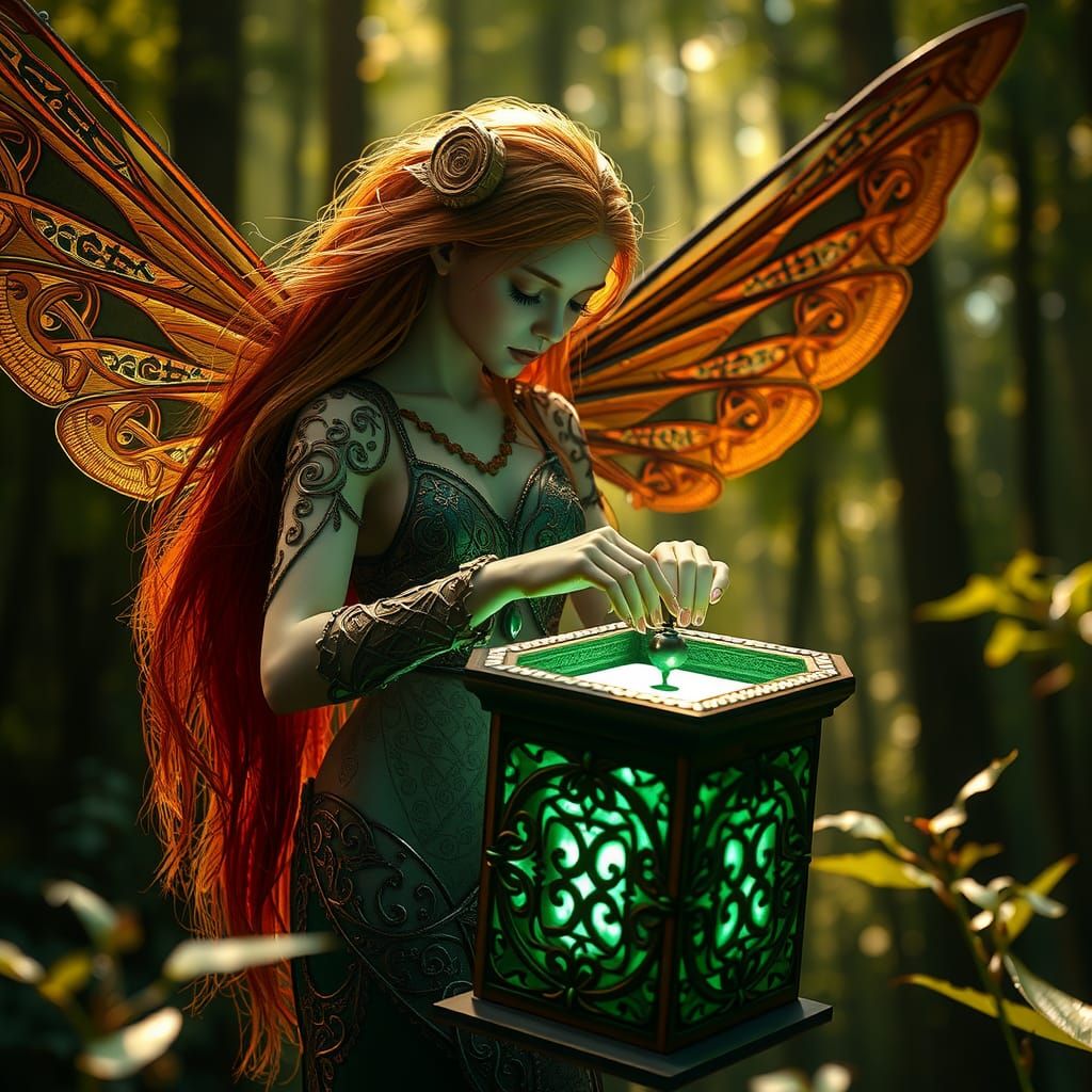 Ethereal Fairy Opens Emerald Box in Forest