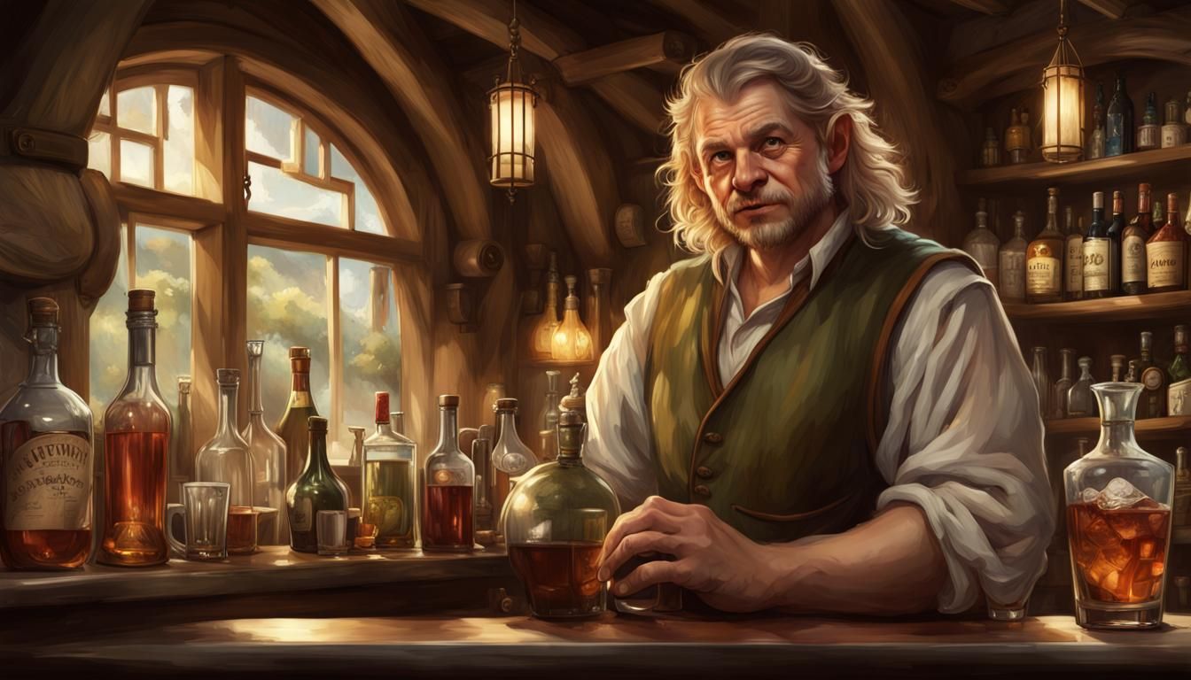 Halfling Bartender Portrait in Fantasy Inn, Detailed Digital...