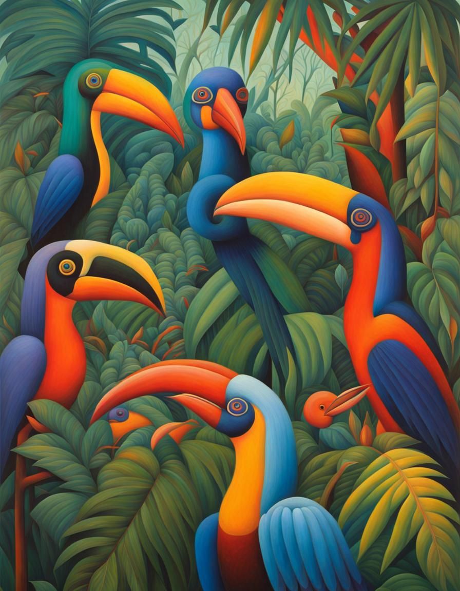 Tucanes in jungle, exotic tropical birds