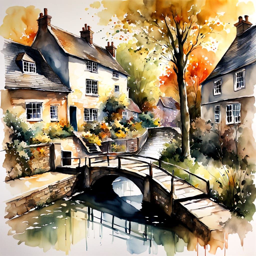 17th Century Cotswold Village in Watercolour Style