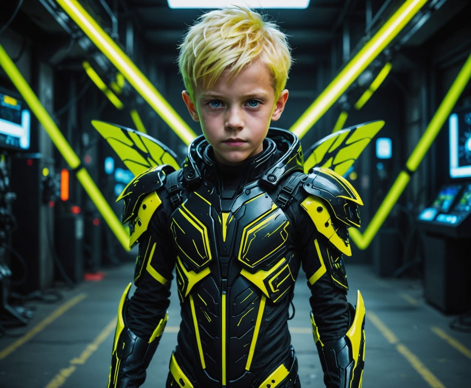 Cybernetic Boy with Insect Wings in Cyberpunk Style