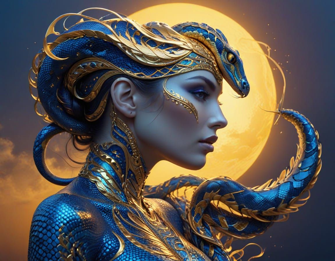 Glorious Woman and Serpent in Metallic Gold and Matte Blue A...