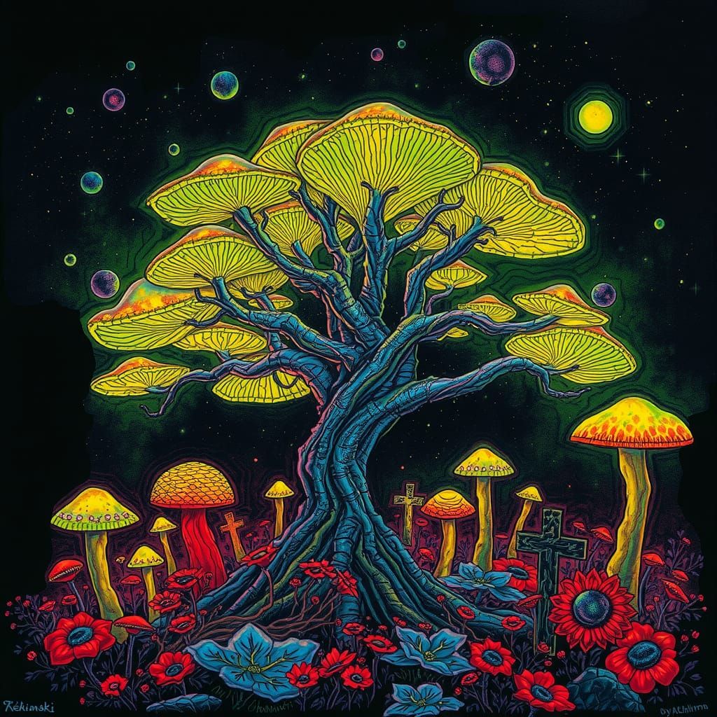 Neon Mushroom Tree in Alcohol Ink Style