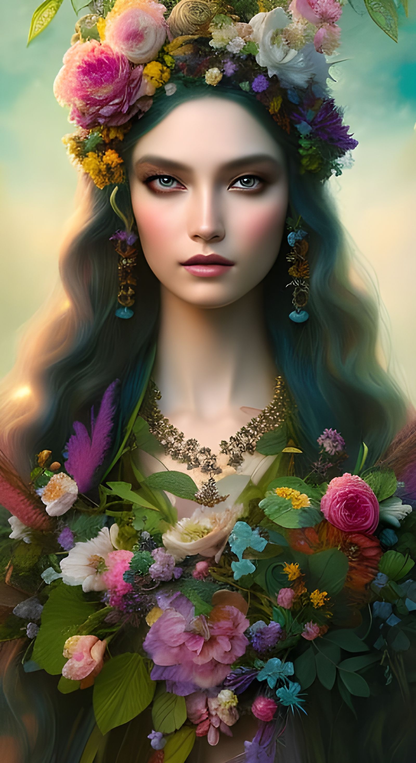 Exotic Queen Portrait with Flowers in Rococo Style
