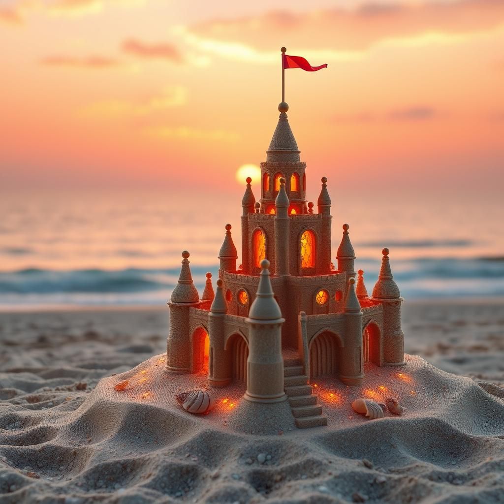 Ornate Sandcastle at Sunset, Dreamlike Architecture
