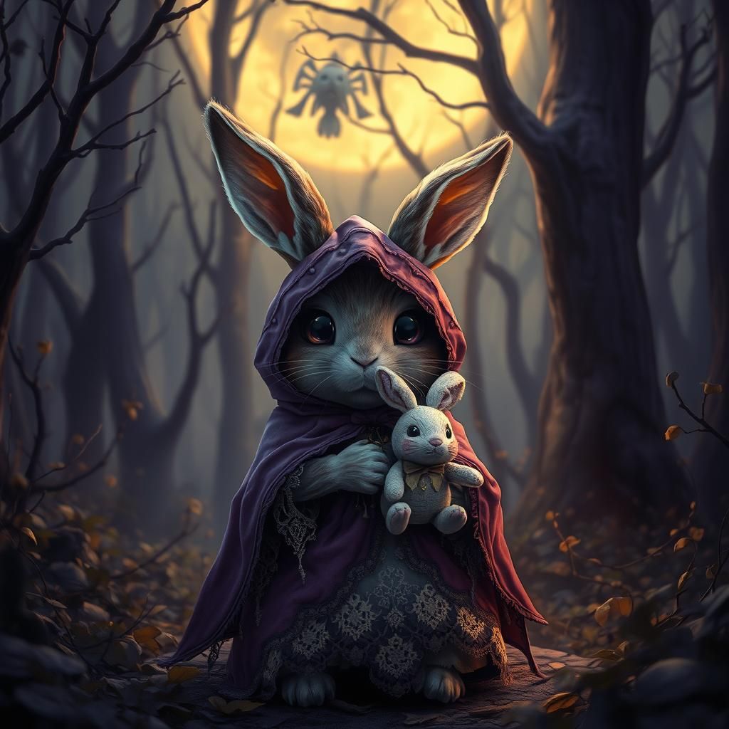 Enchanted Bunny in Eerie Forest, Dark Fantasy Art