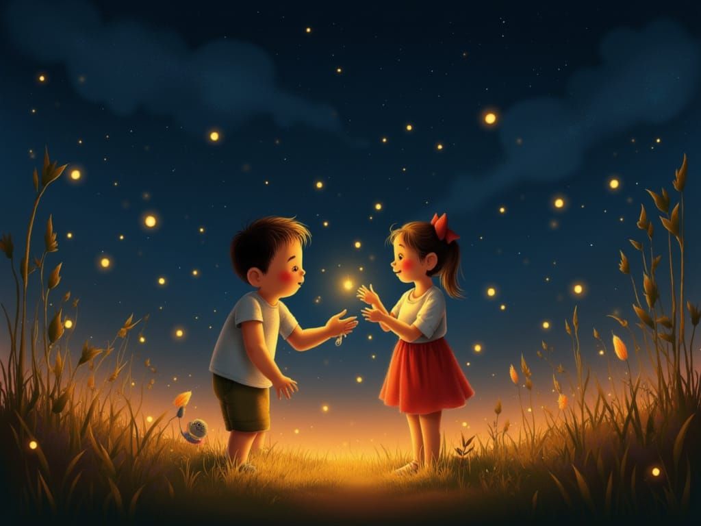 Siblings Share Fireflies in Magical Summer Night Scene