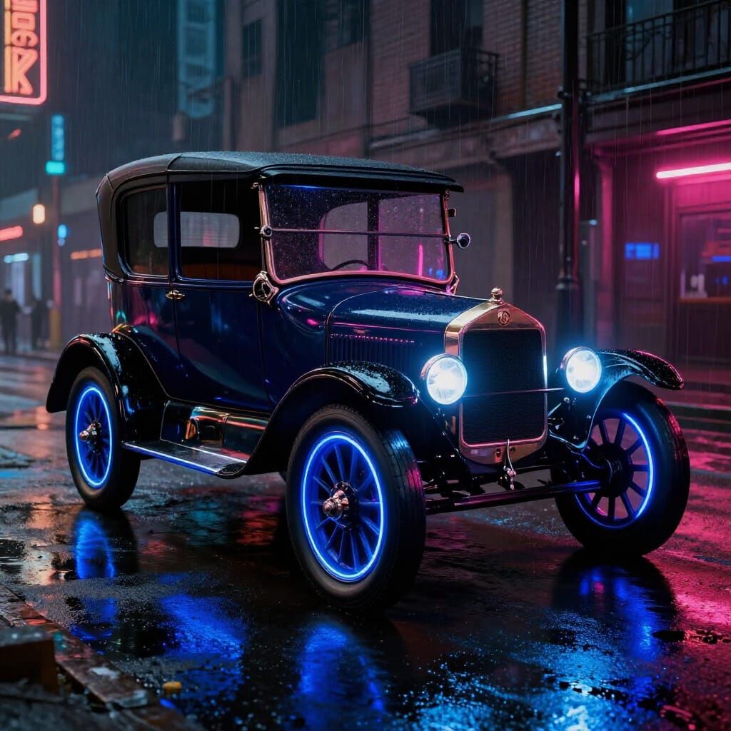 Cyberpunk Model T Ford in Neon Cityscape