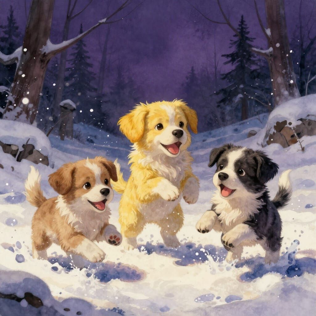 Cute Puppies Play in Snowy Watercolor Masterpiece