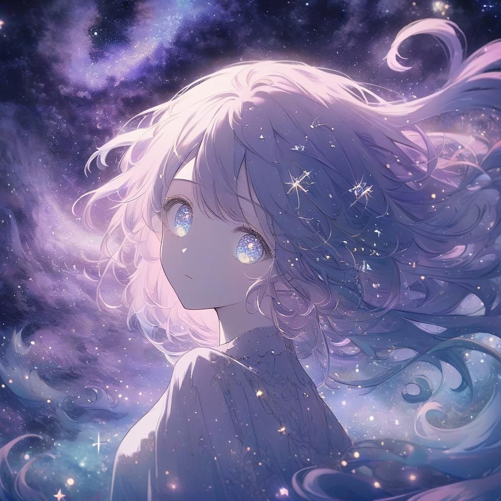 Dreamy Anime Goddess with Glittering Purple Nebula Hair