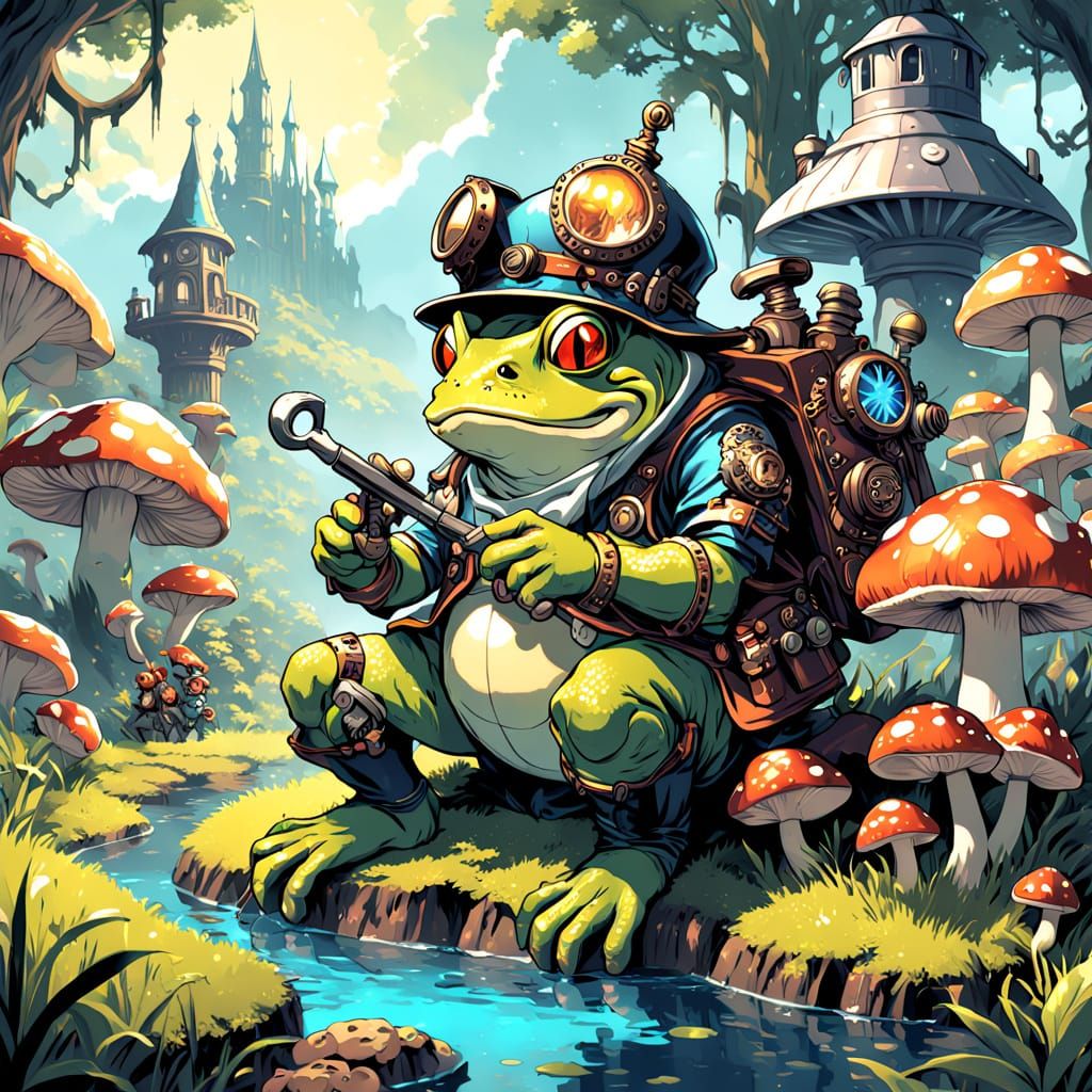 Surreal Steampunk Automaton Bullfrog Amidst Whimsical Mushro...