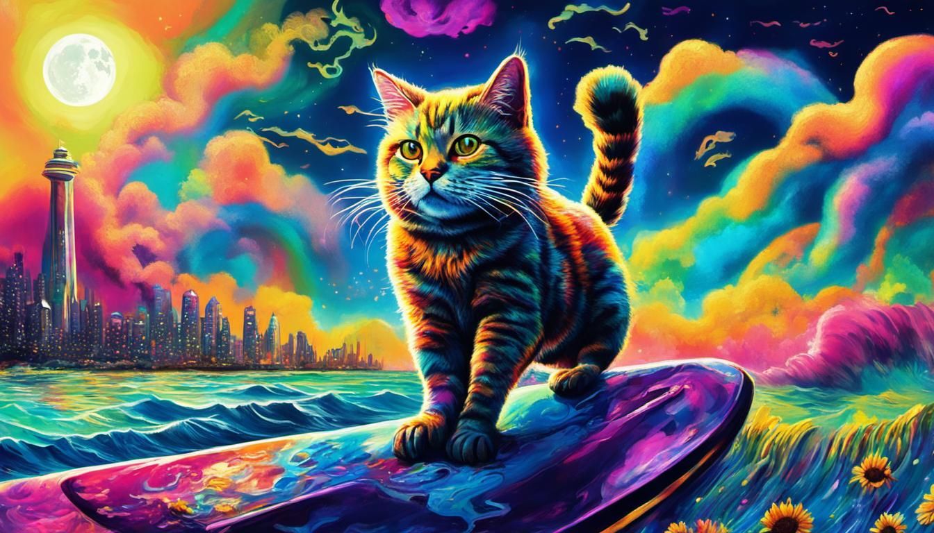 Night Cat Surfing: Surreal Cyberpunk Candyland Art