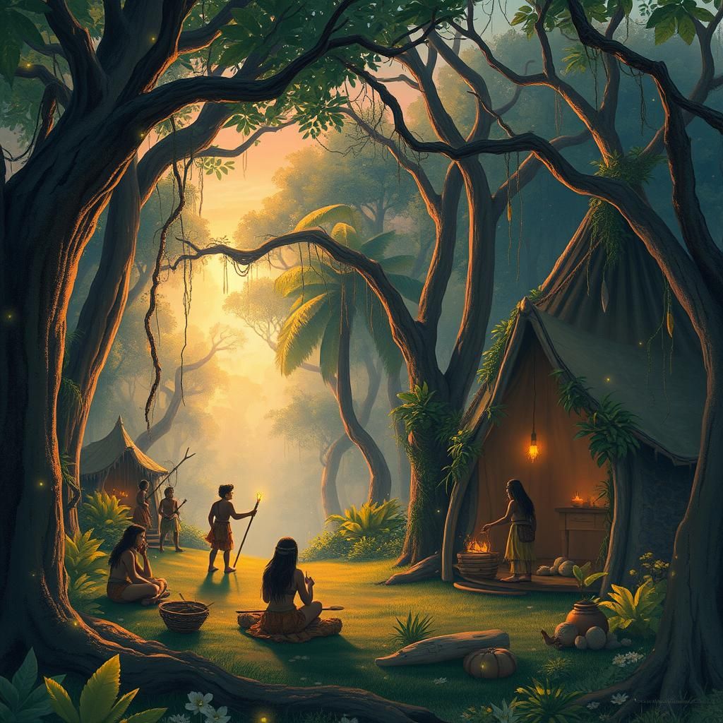 Enchanting Forest Tribe Scene at Sunset