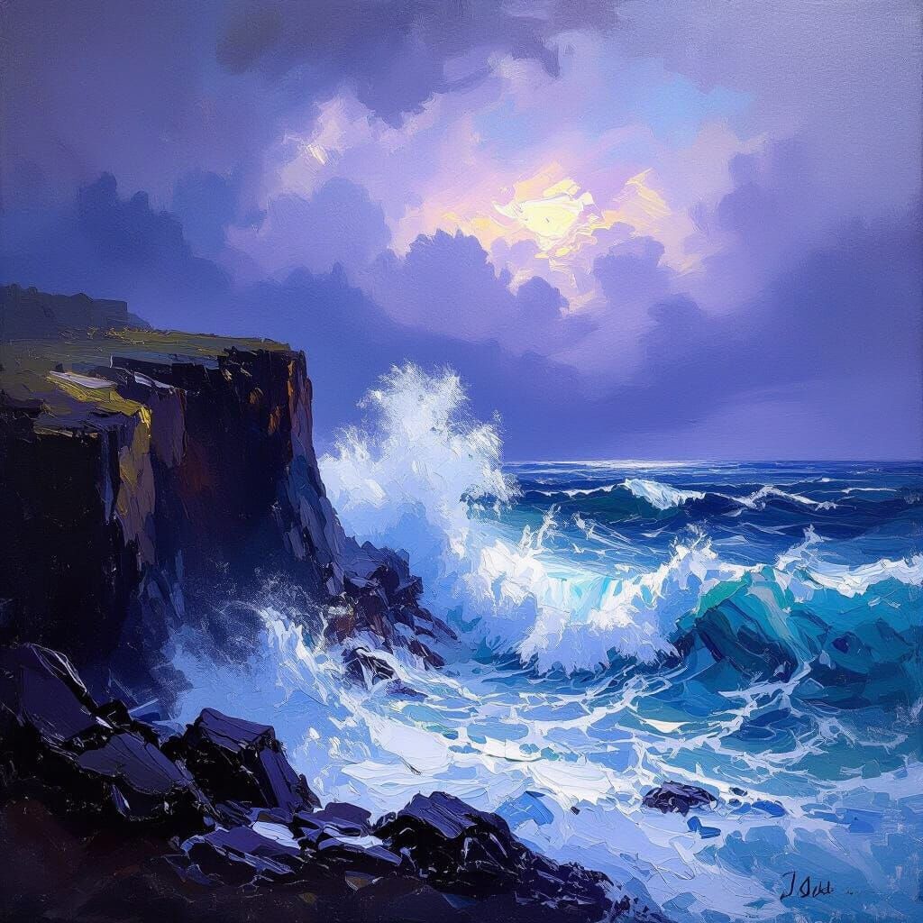 Stormy Seas: Waves Crashing in Impasto Oil Painting
