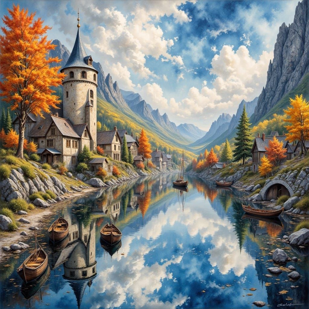 Medieval Village River Scene with Boats in Watercolour