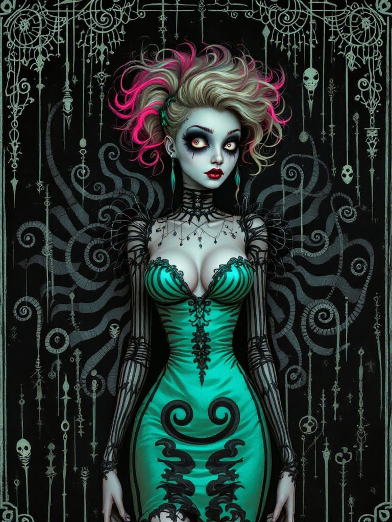 Gothic Carnival Pin-Up Girl with Pink Streaks