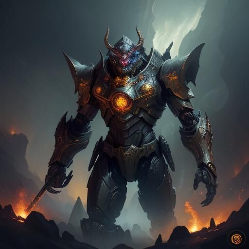 Mecha Dragonborn Battle in Dark Fantasy Style