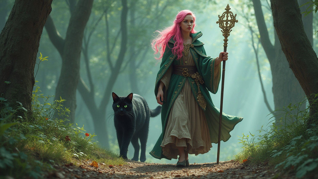 Eladrin Elf with Black Cat in Fantasy Forest