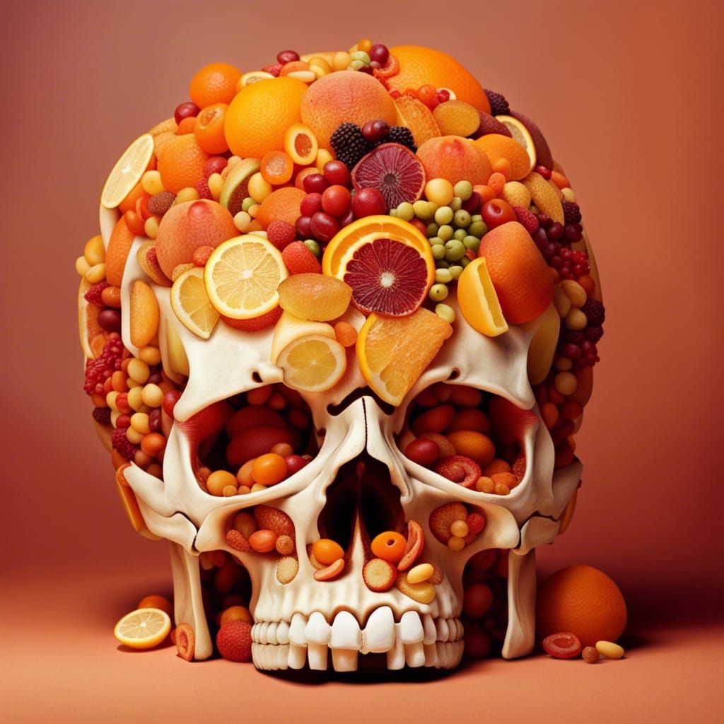 Abstract Fruit Skull Art in Complementary Colors