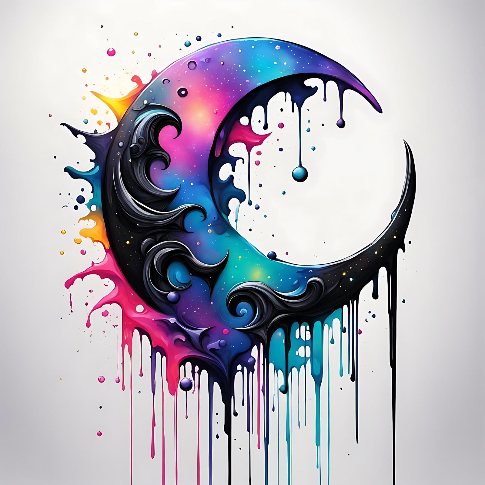 Metallic Crescent Moon in Graffiti Art Style