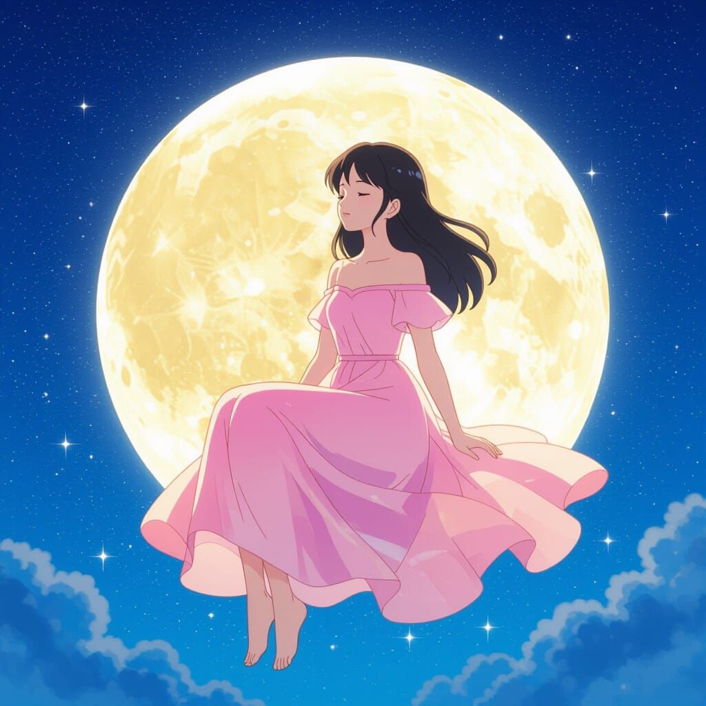 Anime Girl on Moon in Ghibli Style