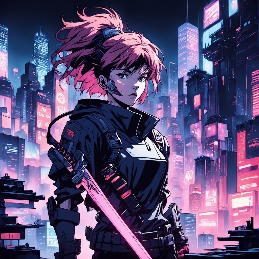 Cyberpunk Anime Woman Leaping Across Rooftops