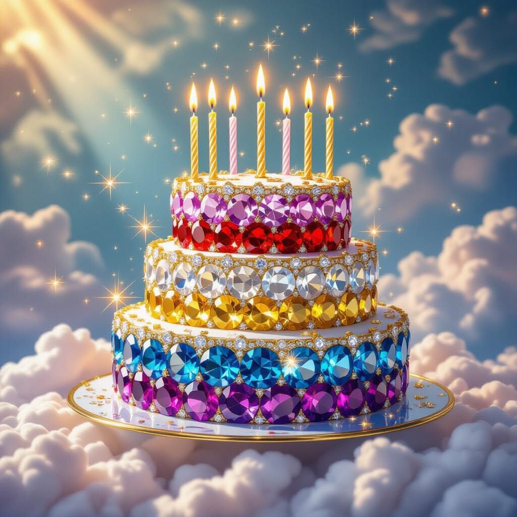 Gemstone Birthday Cake on Cloud Table, Surreal Digital Art