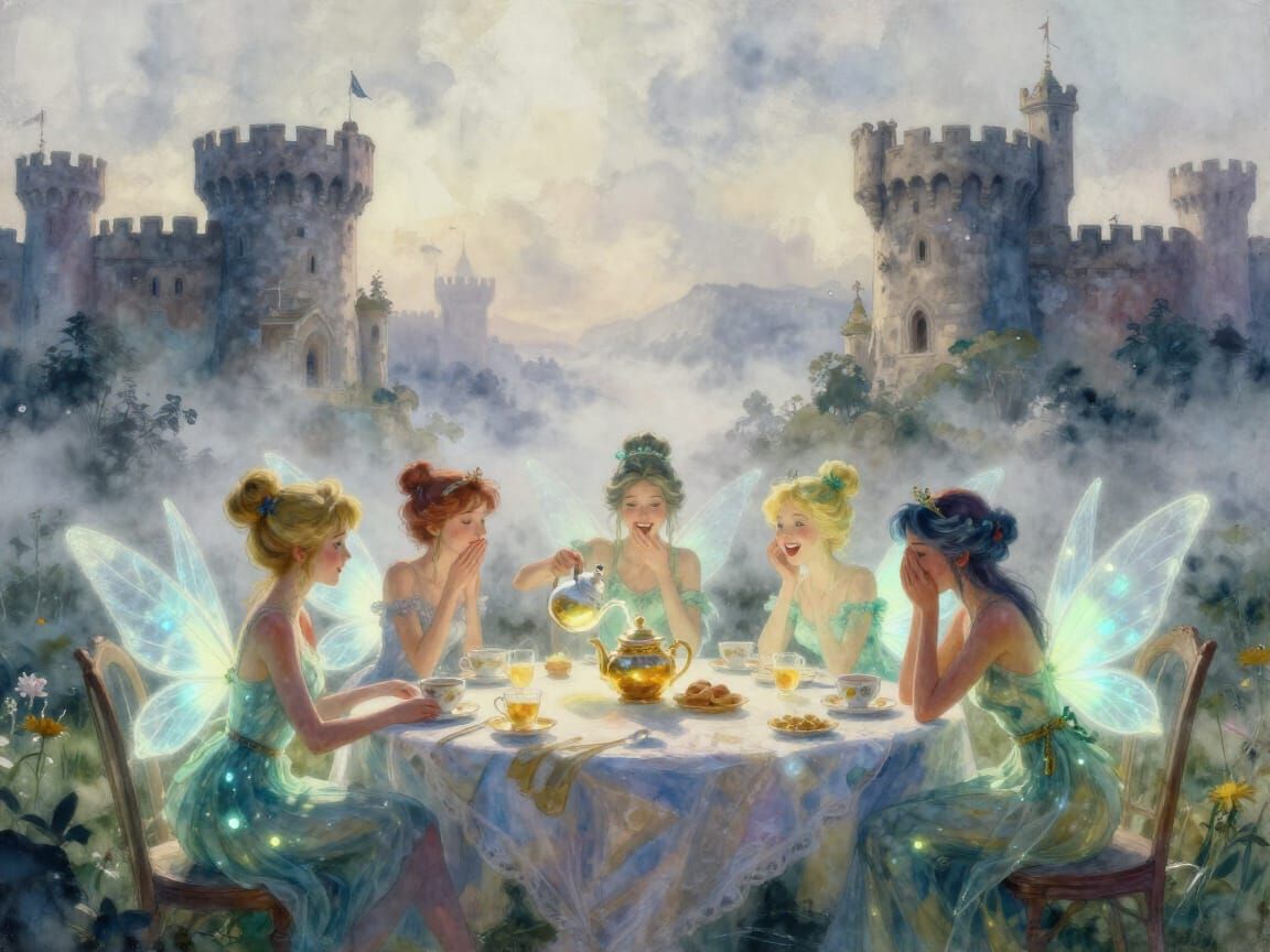 Bioluminescent Fairies Gossiping in Watercolor Landscape