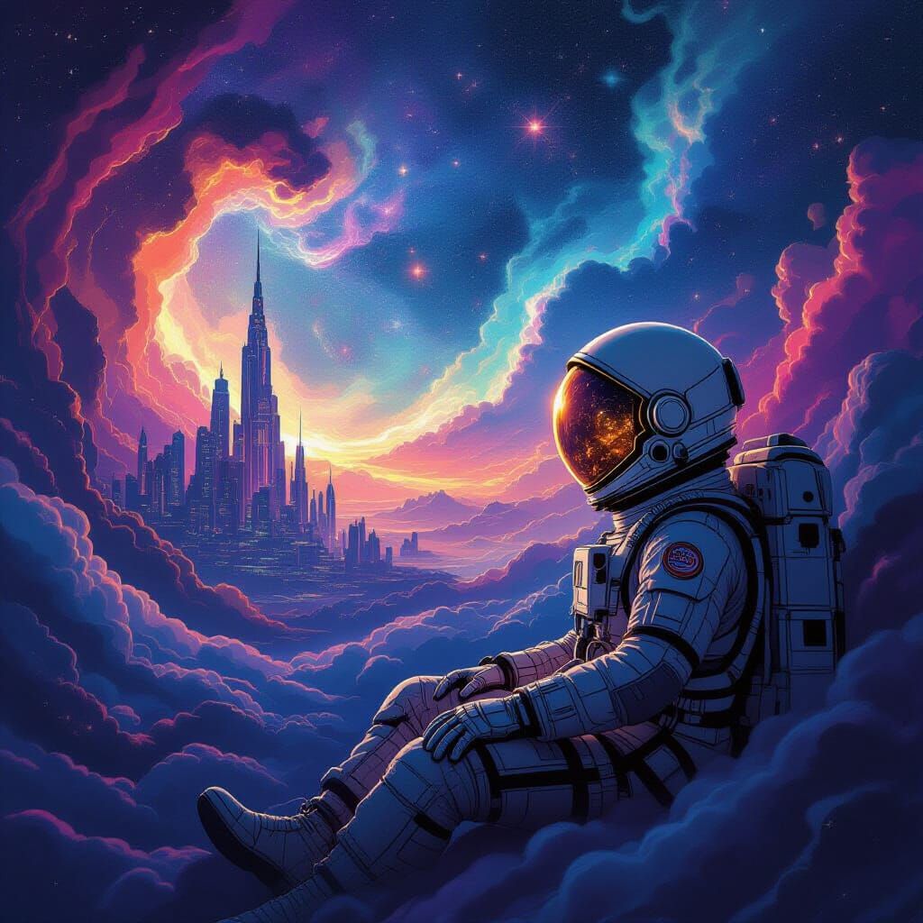 Astronaut Adrift in Cosmic Nebula Reflecting Alien City
