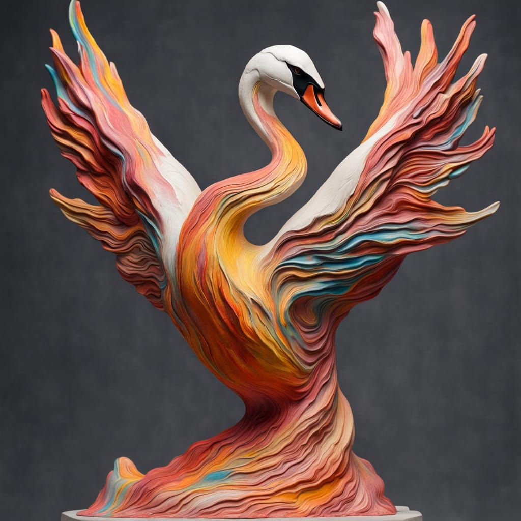Hyperrealistic Clay Swan Sculpture with Abstract Mountain Re...