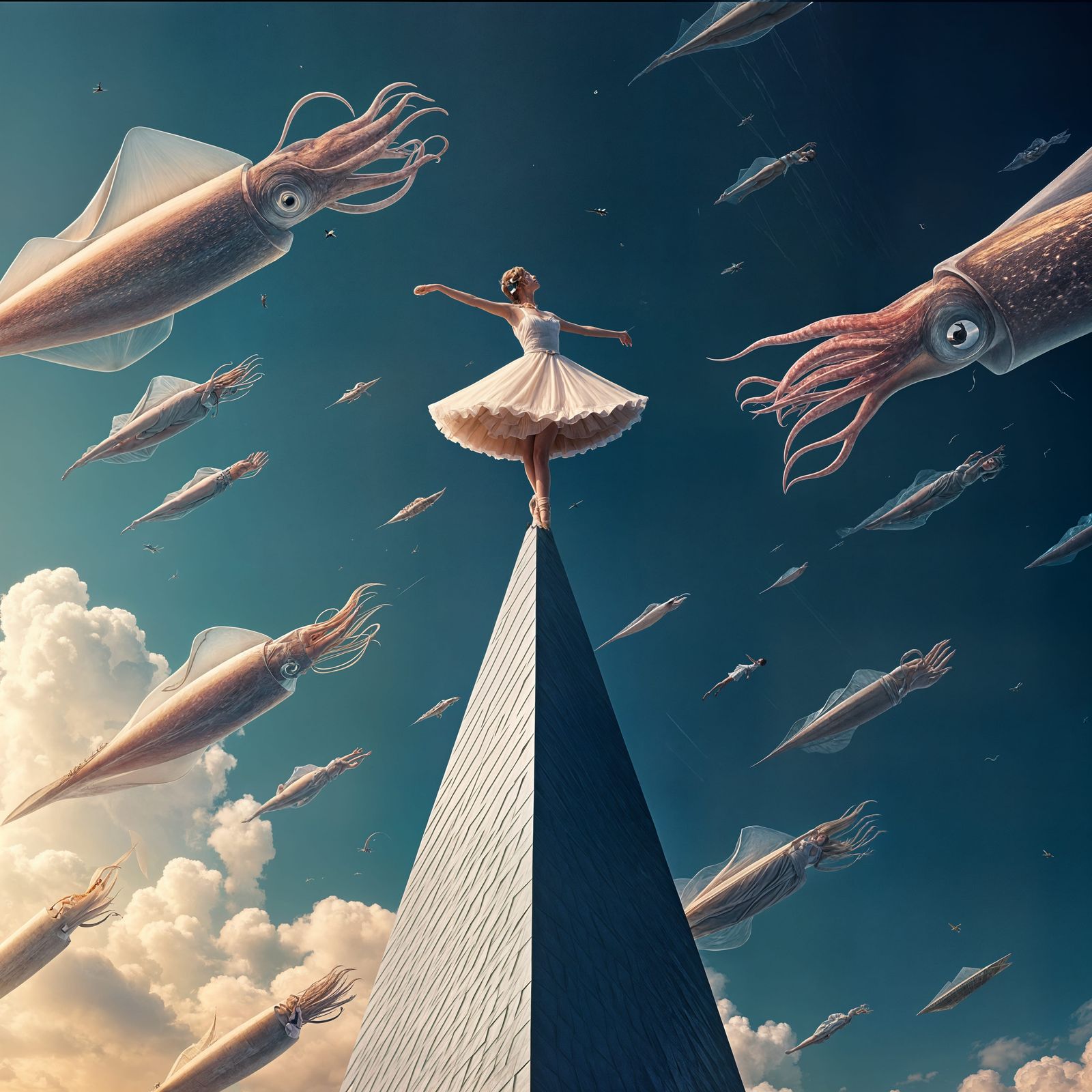 Surreal Woman on Skyscraper in Magritte Style with Flying Sq...