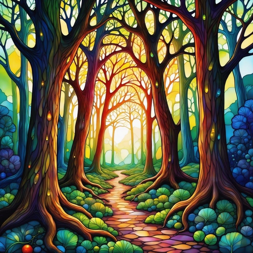 Forest Sunset in Stained Glass Style