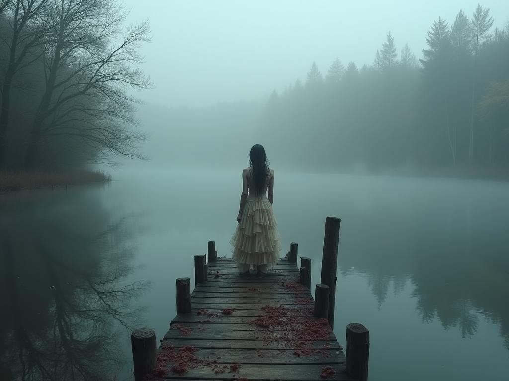 Ethereal Ghost Rises from Misty Lake, in Surreal Style