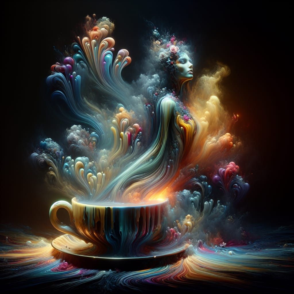 Beautiful Woman Rising Up From Vapor & Flames Of A Teacup