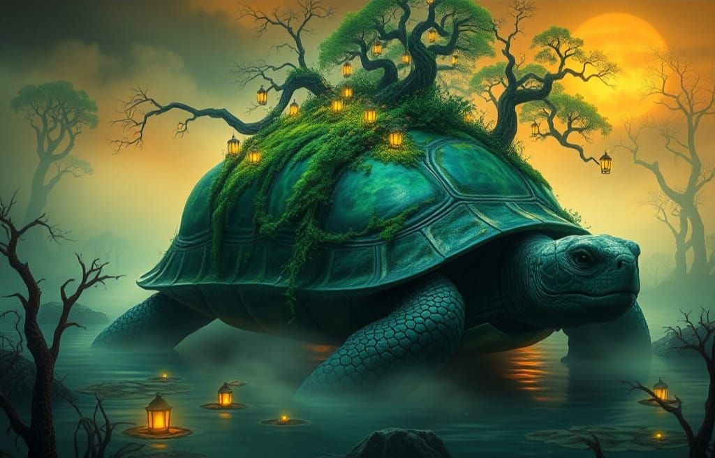 Mythical Tortoise Emerges from Dreamy Swamp in Ethereal Styl...